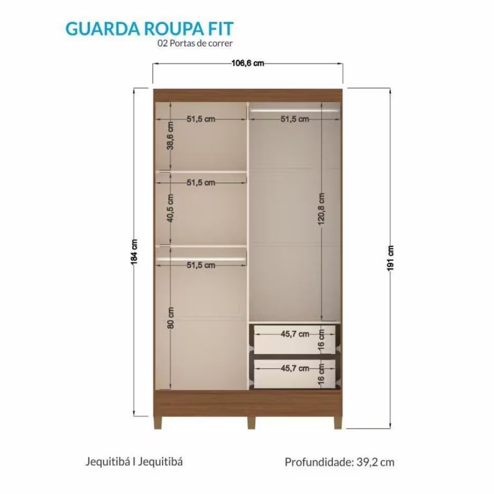 Ropero Fit de 2 Puertas Correr Jequitiba/Jequitiba